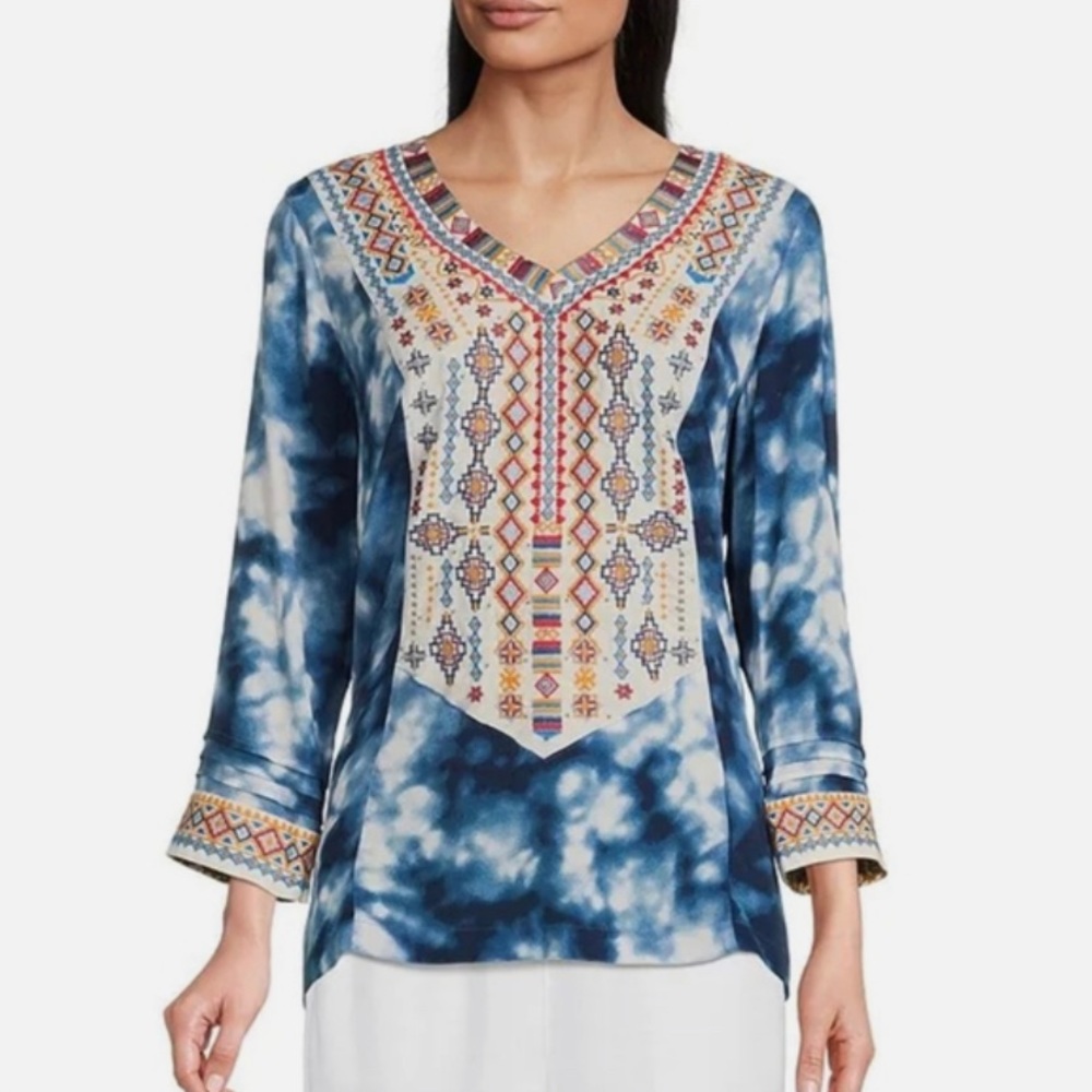 NWT John Mark BLUE HAZE Colorful Embroidered TIE DYE GAUZY BOHO Tunic To…